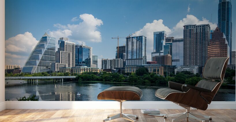Cityscape of offices in Austin Texas across Lady Bird Lake Wall Murals