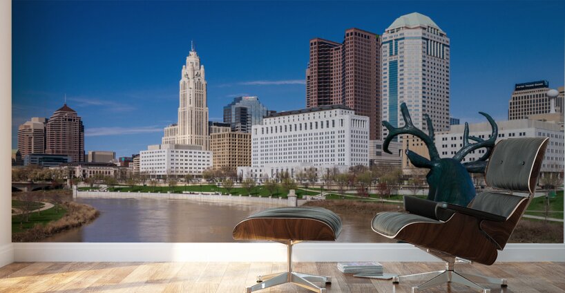 Scioto Lounge statue by waterfront looking at Columbus skyline Wall Murals