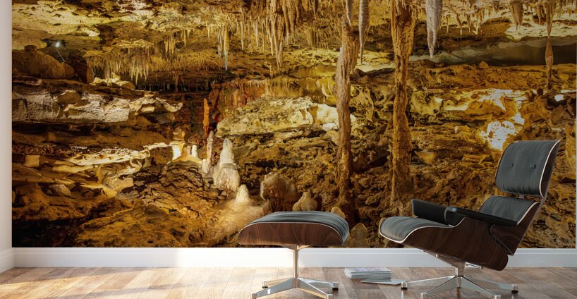 Geologic formations of stalactites and stalagmites in Texas cave Wall Murals