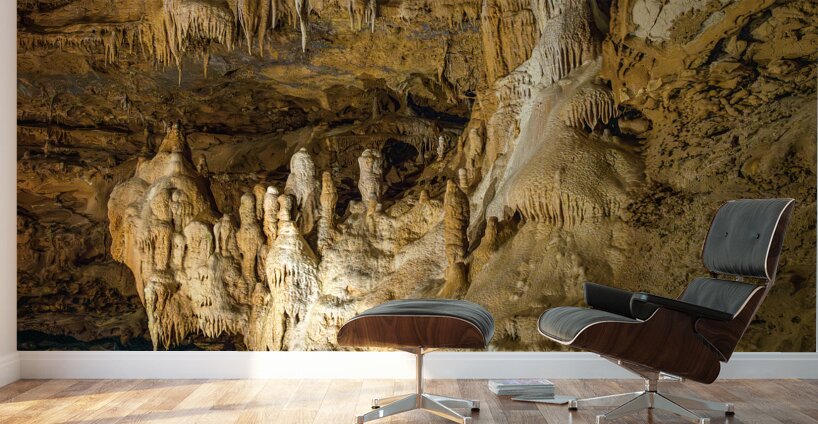 Geologic formations of stalactites and stalagmites in Texas cave Wall Murals