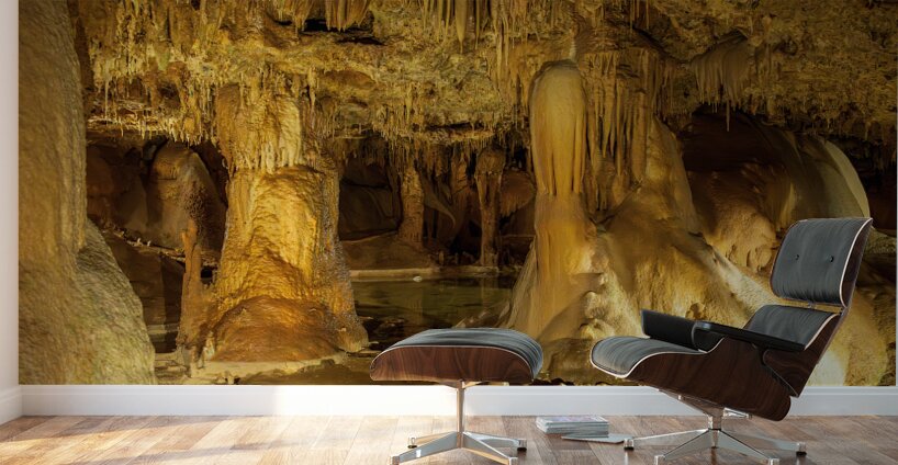 Geologic formations of stalactites and stalagmites in Texas cave Wall Murals