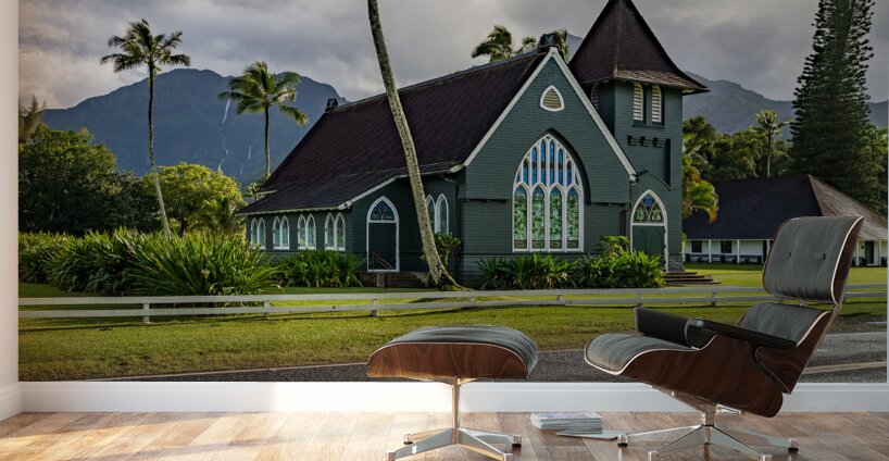 Waioli Huiia Church stands in Hanalei Kauai with waterfalls in Wall Murals