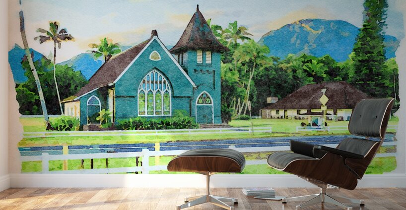 Waioli Huiia Church stands in Hanalei Kauai in watercolor Wall Murals