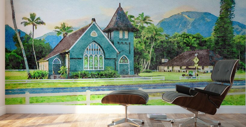 Waioli Huiia Church stands in Hanalei Kauai in watercolor Wall Murals