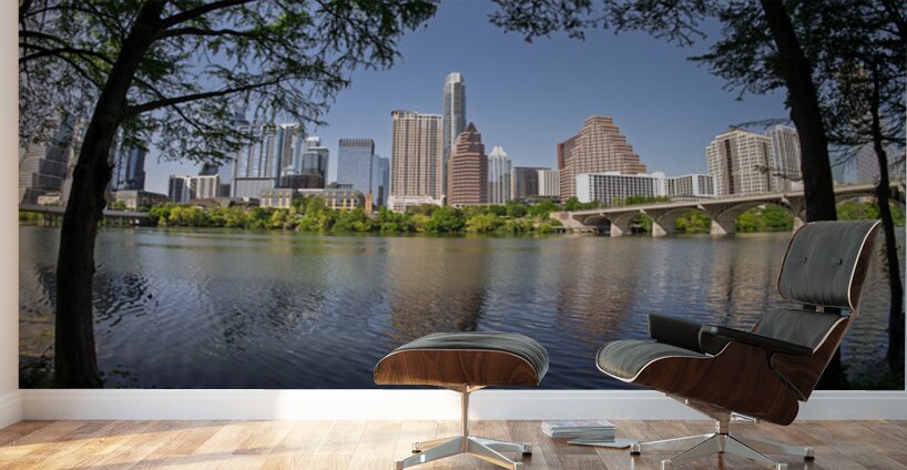 Fisheye lens view of Austin skyline including Congress bridge Wall Murals