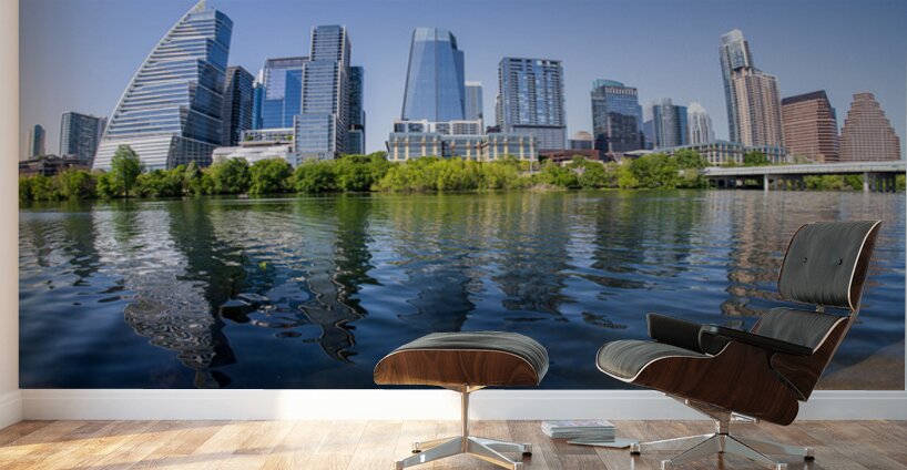 Fisheye lens view of Austin skyline including Lady Bird Lake Wall Murals