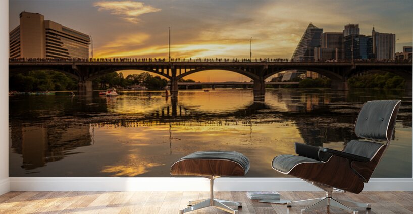 Waiting for Bats - Crowd on Congress Avenue bridge Austin Wall Murals