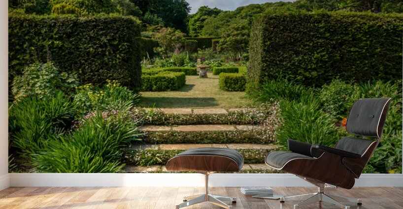 Stone steps into a hedged flower garden on the Isle of Wight Wall Murals