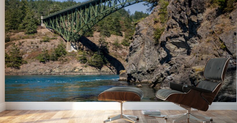 Turbulent water of Deception Pass under historic cantilevered br Wall Murals