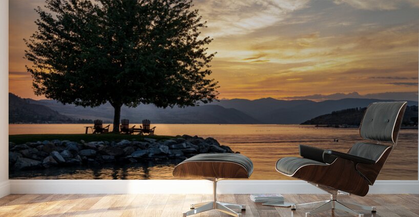 Sunset over Lake Chelan with silhouette of tree and chairs for r Wall Murals