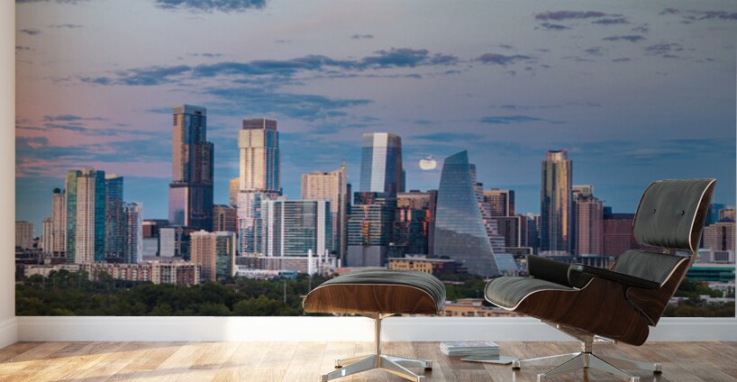 Distant view of Harvest moon in the Austin skyline at sunset Wall Murals