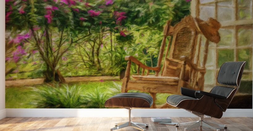 Oil painting of vintage wooden rocking chair with a straw hat re Wall Murals