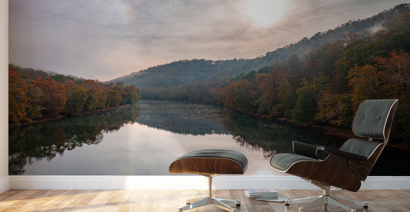 Calm Tygart River by Valley Falls on a misty autumn day Wall Murals