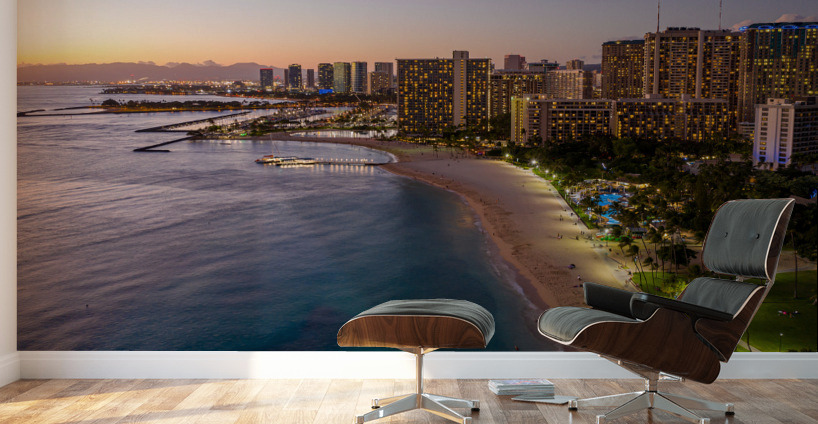 Aerial view of Waikiki beach at sunset Wall Murals