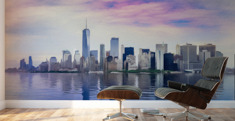 Pastel digital painting of panorama of Manhattan with calm water Wall Murals