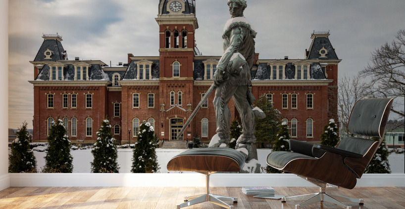 Mountaineer statue against Woodburn Hall Wall Murals