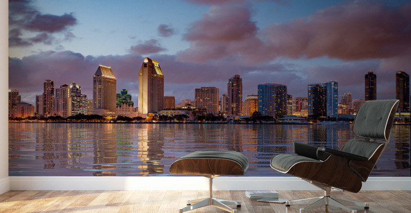 San Diego skyline at dusk reflected in sea Wall Murals