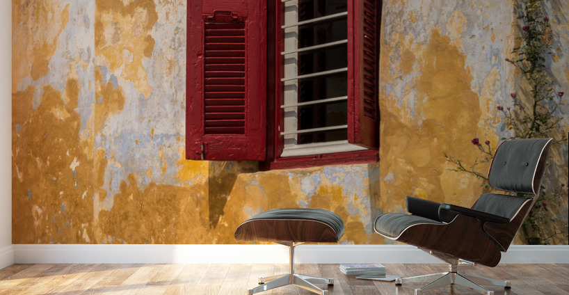 Red shutters on window in Anafiotika in Athens Wall Murals