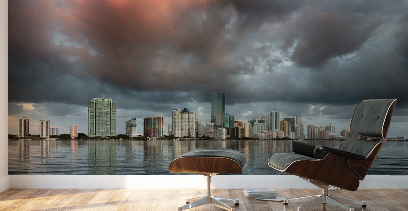 Dawn view of Miami Skyline reflected in water Wall Murals