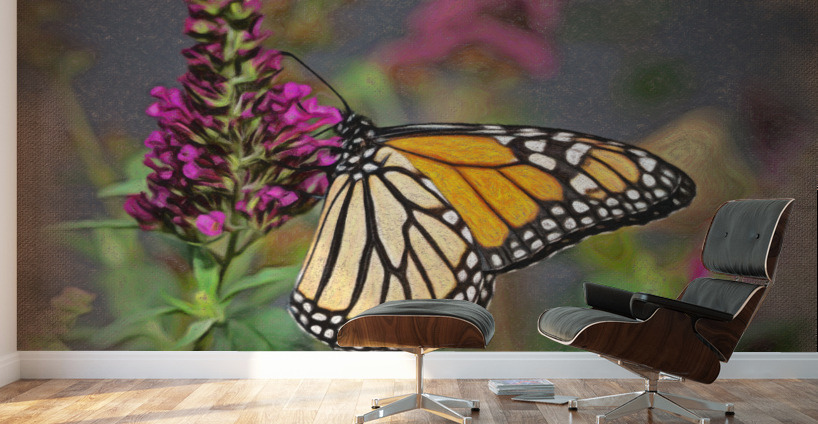 Crayon drawing of beautiful Monarch butterfly feeding in garden Wall Murals