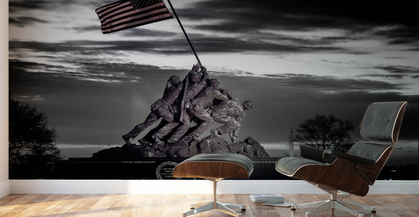 B&W image of Iwo Jima Memorial at dawn  Wall Murals