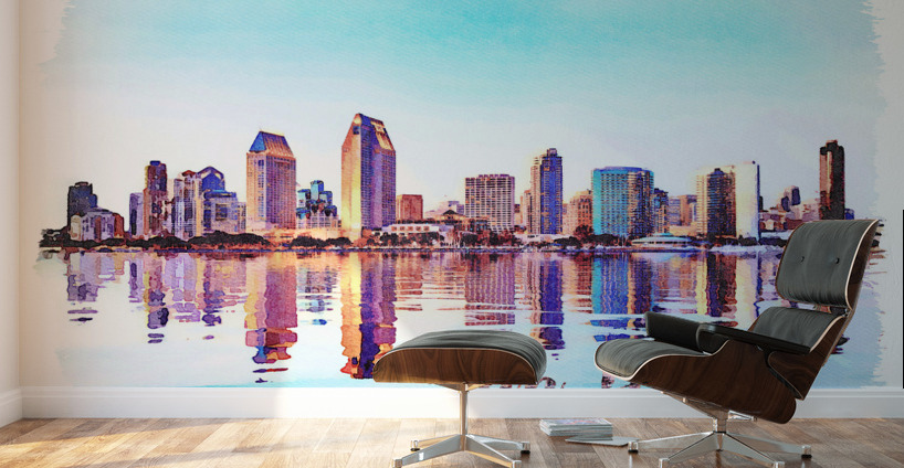 Watercolor painting of San Diego Skyline at sunset from Coronado Wall Murals