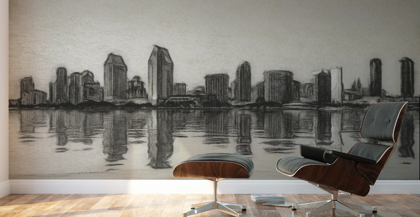 Charcoal San Diego Skyline at sunset from Coronado Wall Murals