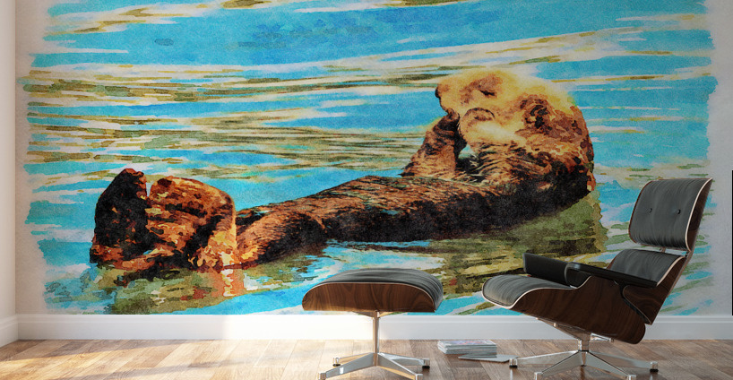 Digital watercolor of Sea Otter floating in the sea Wall Murals