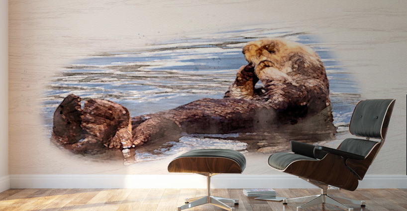 Digital watercolor of Sea Otter floating in the sea Wall Murals