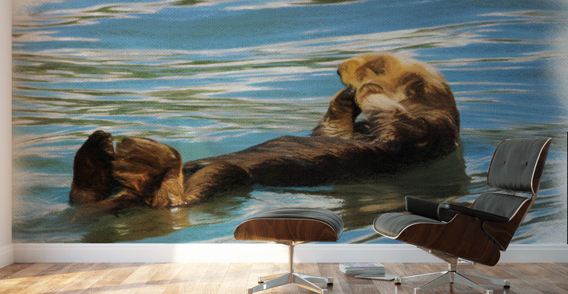 Digital pastel of Sea Otter floating in the sea Wall Murals