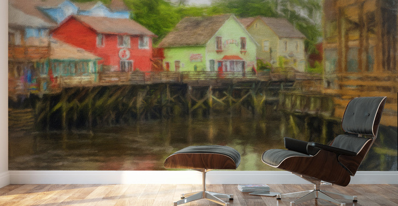 Painting of Creek Street wharf in Ketchikan Alaska Wall Murals