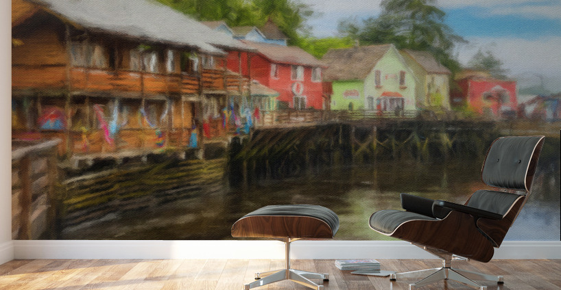 Painting of Creek Street wharf in Ketchikan Alaska Wall Murals