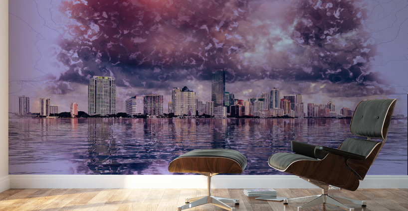 Dawn view of Miami Skyline reflected in water Wall Murals