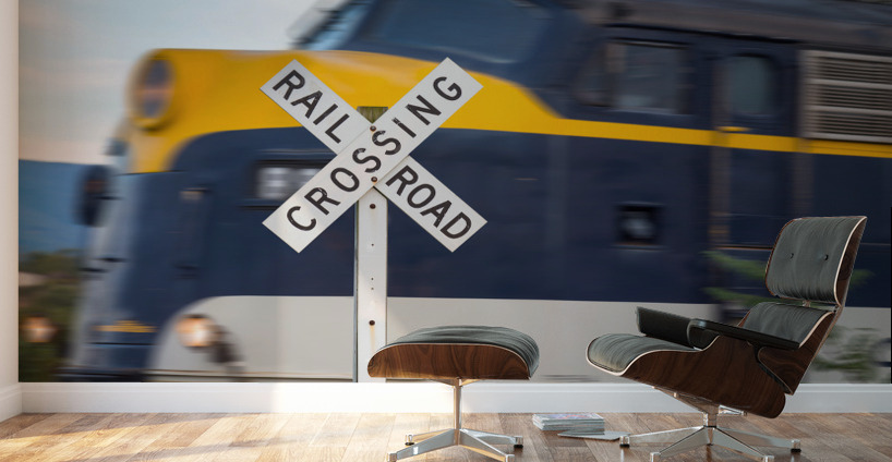 Diesel engine with railroad crossing sign Wall Murals