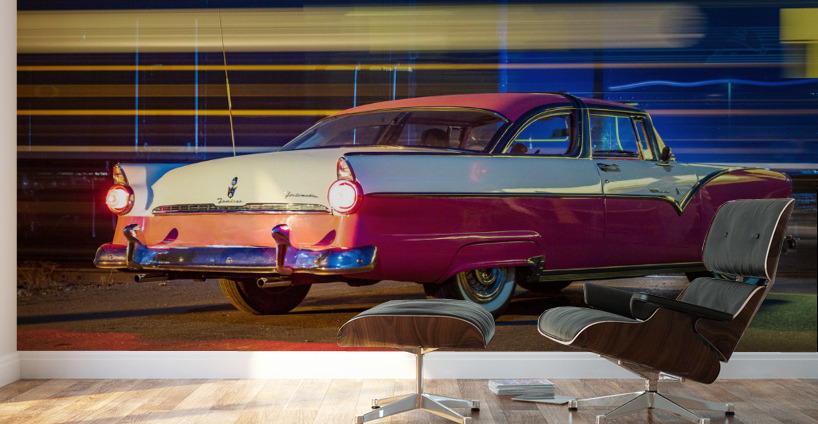 Vintage car at railroad crossing Wall Murals