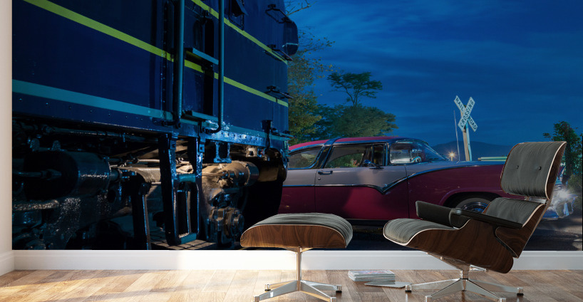 Vintage car racing at railroad crossing Wall Murals