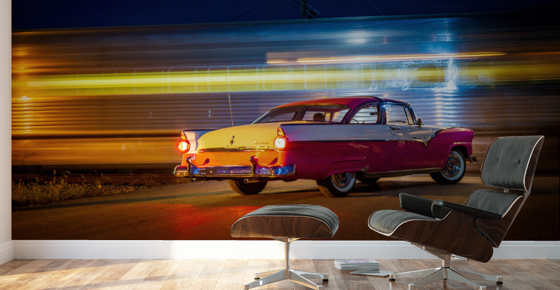 Vintage car at railroad crossing Wall Murals