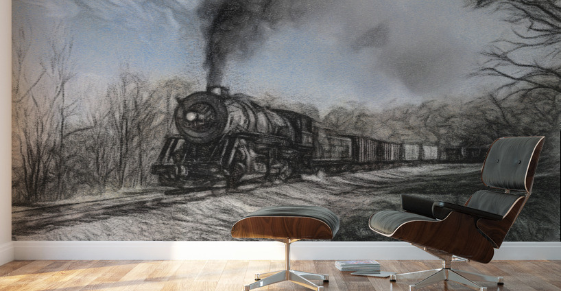 WMRR Steam train in charcoal sketch Wall Murals