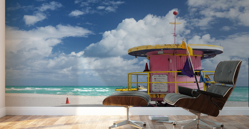 Round pink lifeguard station on Miami beach Wall Murals