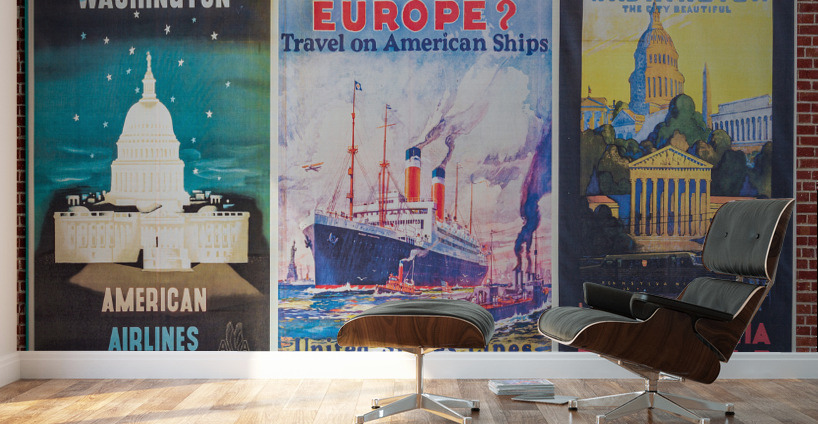 Three antique travel posters on the wall  Wall Murals