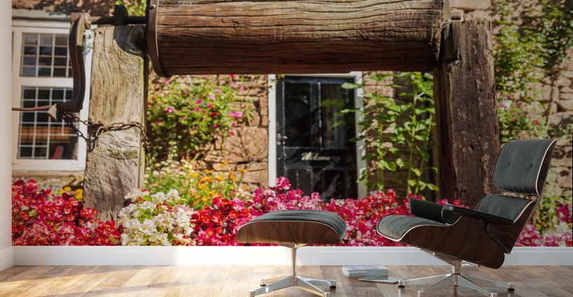 Wooden well winch frames welcome sign Wall Murals