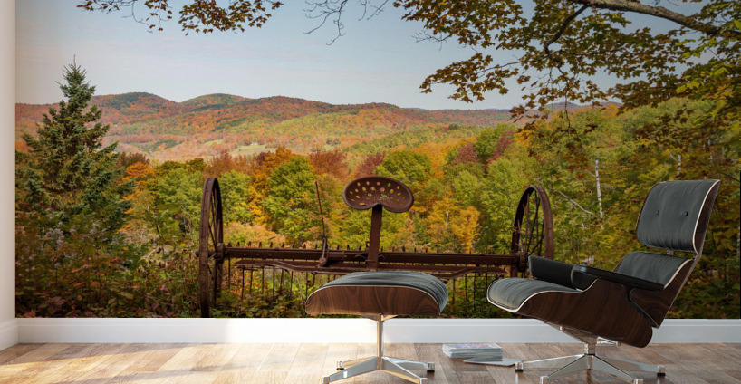 Horse drawn rake by fall colors in Vermont Wall Murals