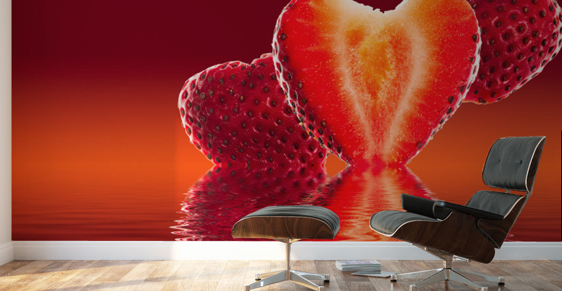 Fresh sliced strawberry in heart shape reflected Wall Murals