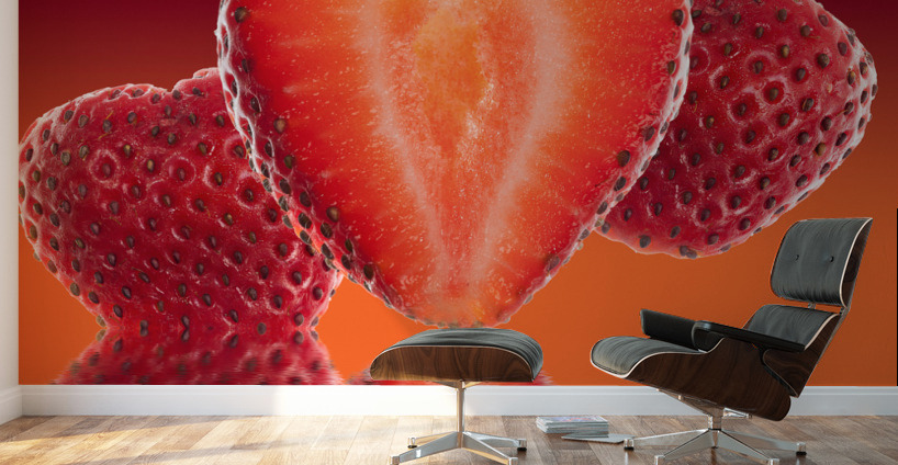 Fresh sliced strawberry in heart shape reflected Wall Murals