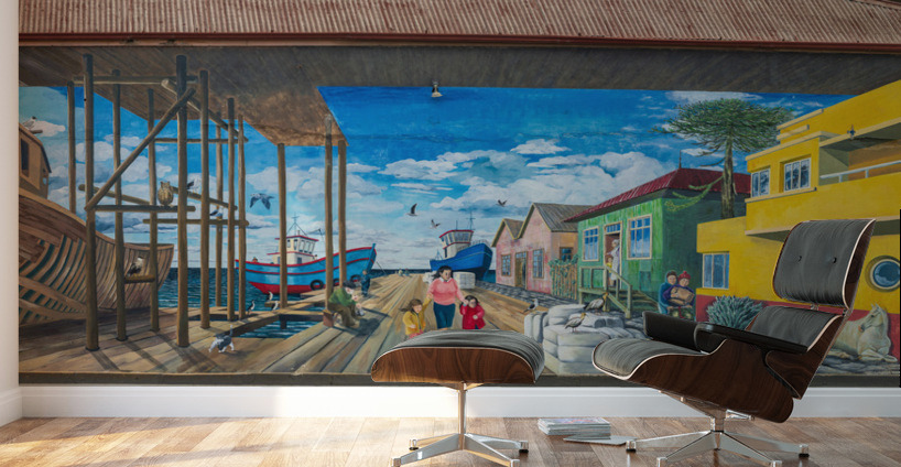 Wall mural of busy port on building in Punta Arenas in Chile Wall Murals