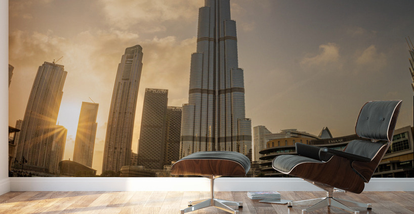 Sunset over the Dubai downtown business district Wall Murals