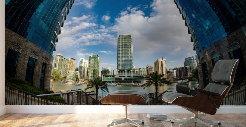 Fisheye view of tall buildings on waterfront at Dubai Marina Wall Murals