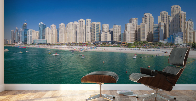 Skyline of hotels in JBR Beach above the sand and oceanfront Wall Murals