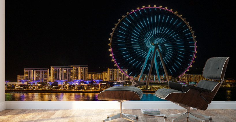 Light show on Ain Dubai observation wheel at sunset Wall Murals