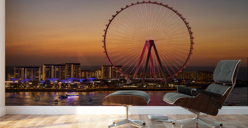 Light show on Ain Dubai observation wheel at sunset Wall Murals